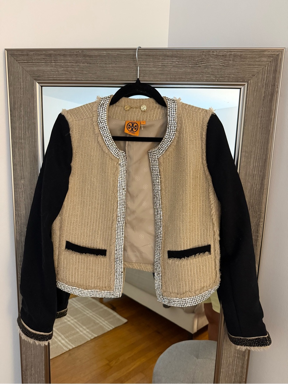 Tory Burch Two-Tone Wool Tweed Jacket in Beige and Black